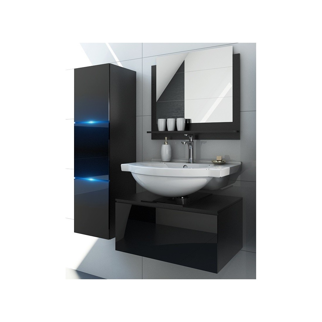 Ensemble meubles de salle de bain collection OWL, coloris noir mat et brillant avec une colonne