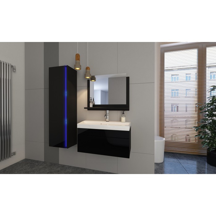 Ensemble meubles de salle de bain collection BIRD, coloris noir mat et brillant avec une colonne