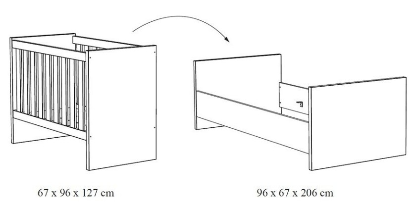 Camera per bambino LOUISE, letto trasformabile da 60x120 a 90x200, armadio, fasciatoio e comodino