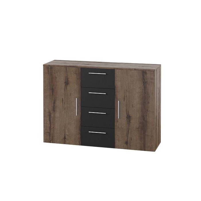 Commode 2 portes et 4 tiroirs 130cm. Collection IRINA imitation chêne foncé et noir.
