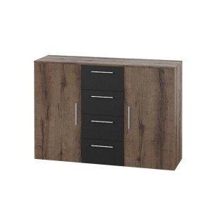 Commode 2 portes et 4 tiroirs 130cm. Collection IRINA imitation chêne foncé et noir.
