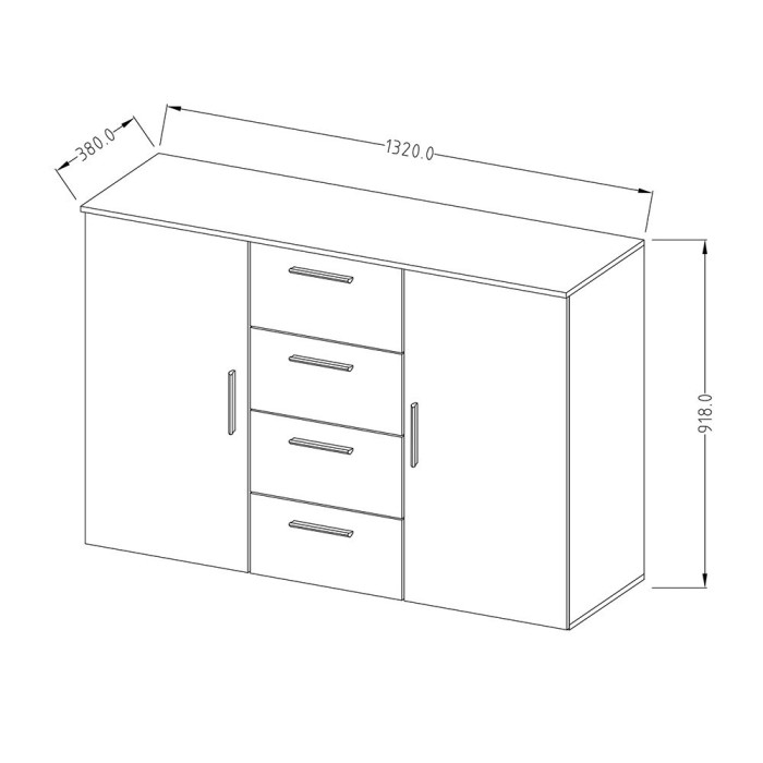 Commode 2 portes et 4 tiroirs 130cm. Collection IRINA imitation chêne foncé et noir.