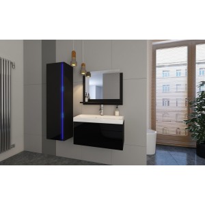 Ensemble meubles de salle de bain collection BIRD, coloris noir mat et brillant avec une colonne et vasque 80cm