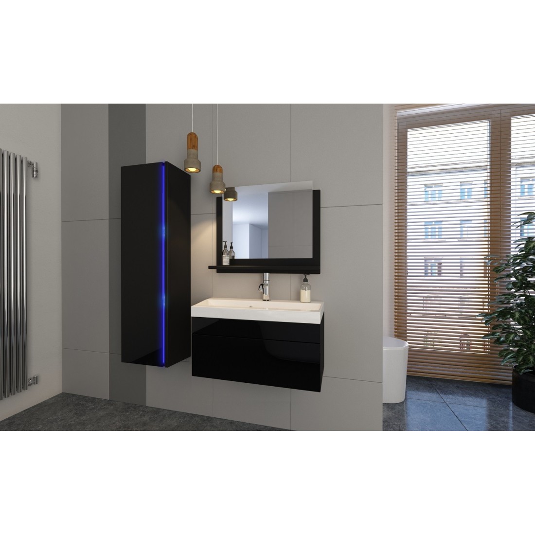 Ensemble meubles de salle de bain collection BIRD, coloris noir mat et brillant avec une colonne et vasque 80cm