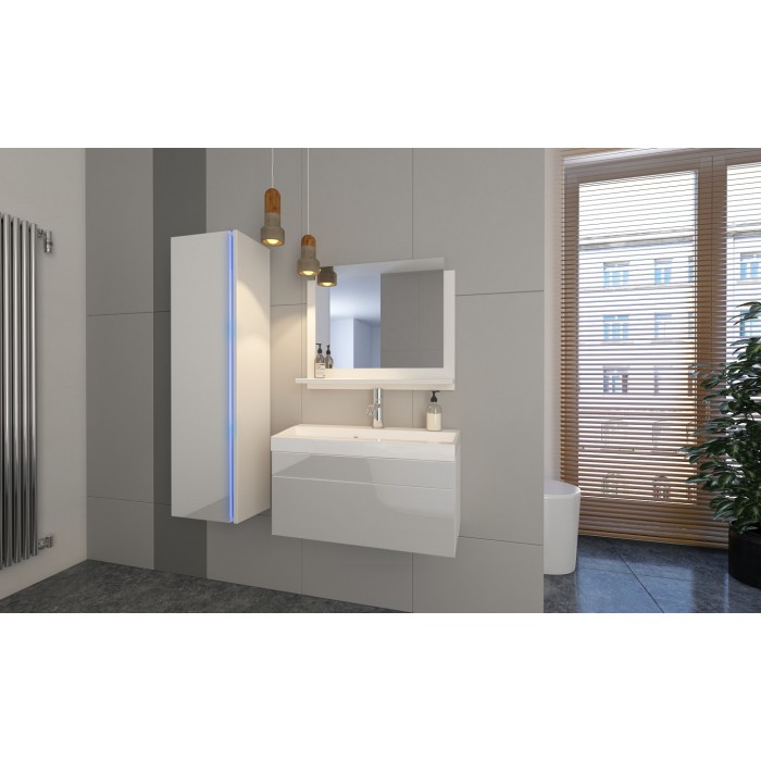 Ensemble meubles de salle de bain collection BIRD, coloris blanc mat et brillant avec une colonne et vasque 80cm