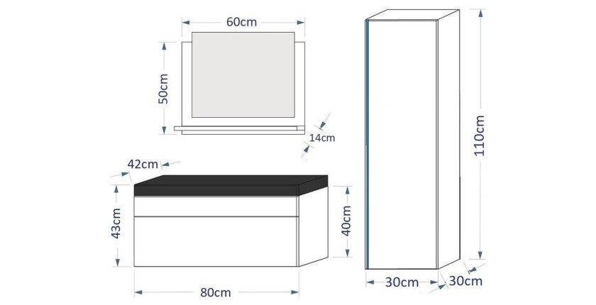 Ensemble meubles de salle de bain collection BIRD, coloris noir mat et brillant avec une colonne et vasque 80cm