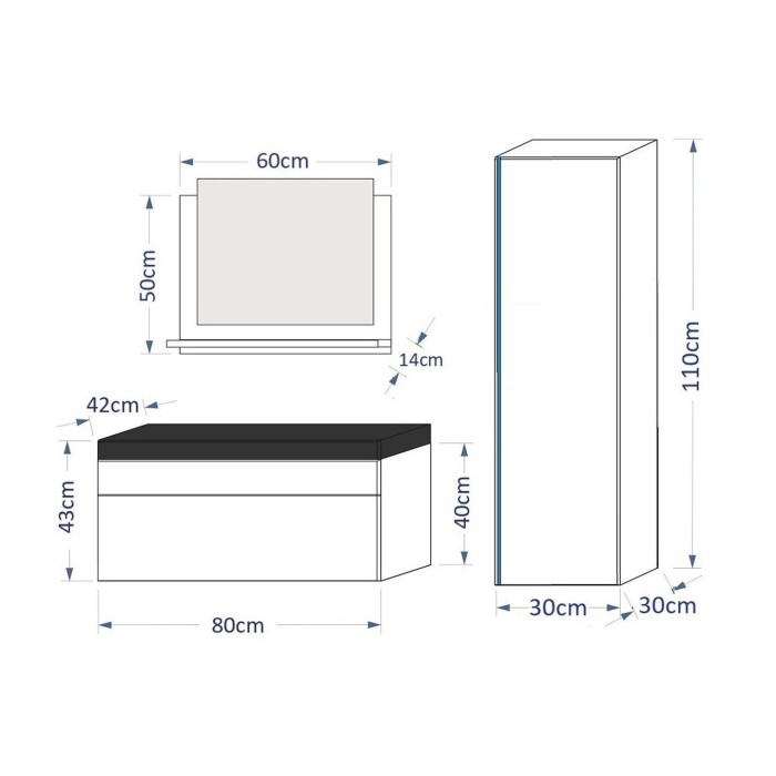 Ensemble meubles de salle de bain collection BIRD, coloris blanc mat et brillant avec une colonne et vasque 80cm