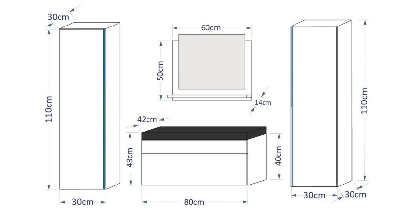 Ensemble meubles de salle de bain collection BIRD, coloris noir mat et brillant avec deux colonnes et vasque 80cm