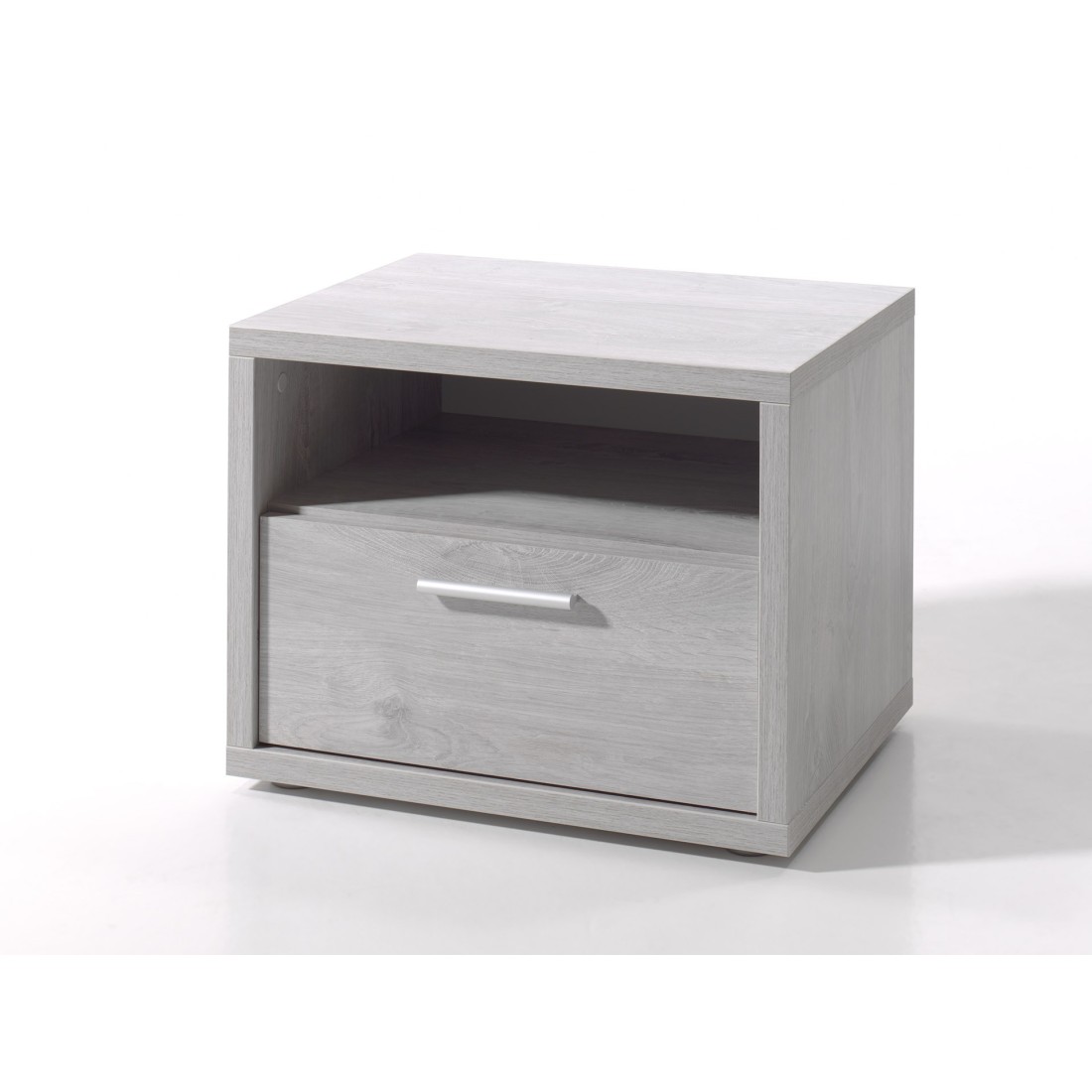 Mesa de noche para habitación de bebé y niño con cajón y compartimento, colección MATHEO Color gris efecto madera
