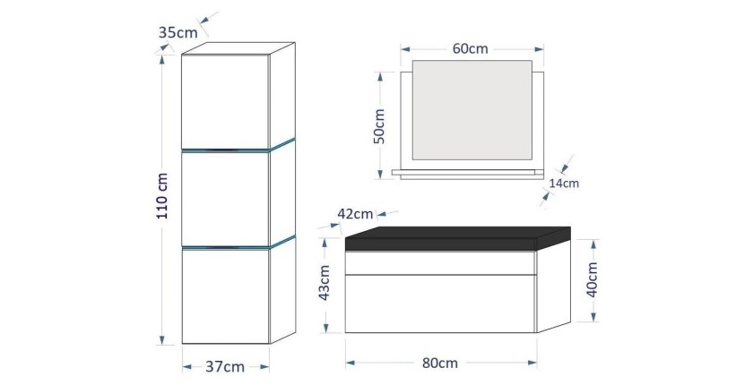 Ensemble meubles de salle de bain noir, collection OWL. Colonne, meuble sous vasque, vasque 80cm, miroir, siphon et leds.