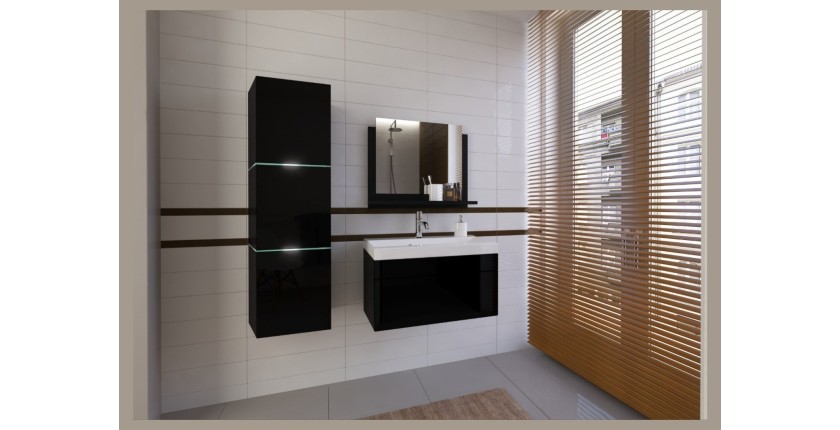 Ensemble meubles de salle de bain collection OWL, coloris noir mat et brillant avec une colonne et vasque 80cm