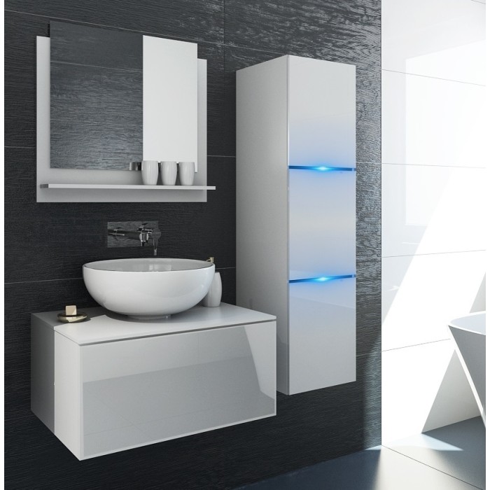 Ensemble meubles de salle de bain collection OWL, coloris blanc mat et brillant avec une colonne sans vasque