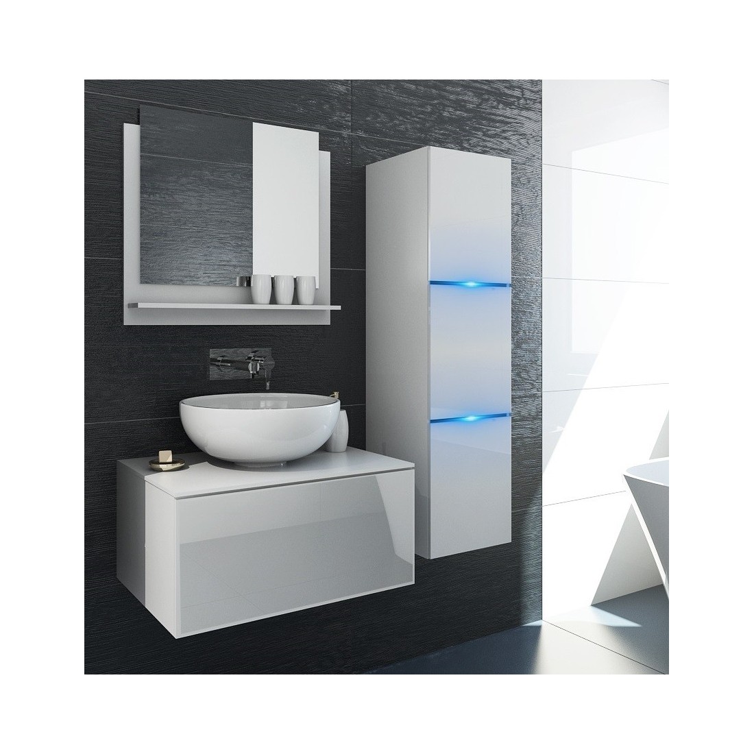 Ensemble meubles de salle de bain collection OWL, coloris blanc mat et brillant avec une colonne sans vasque