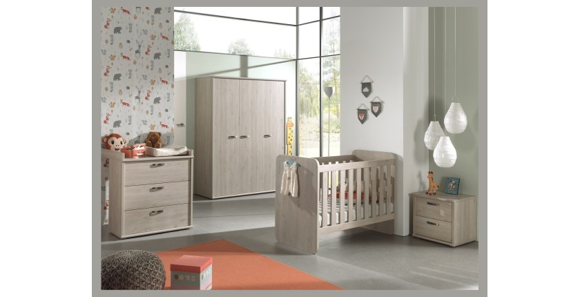 Chambre bébé DANY, lit 60x120 évolutif en 90x200, armoire, commode à langer et chevet, coloris chêne