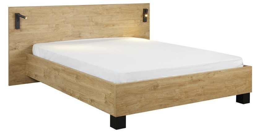 Volwassen bed 140x200 uit de MORGANE collectie met geïntegreerde, verstelbare opbouwverlichting - Gouden eiken kleur.