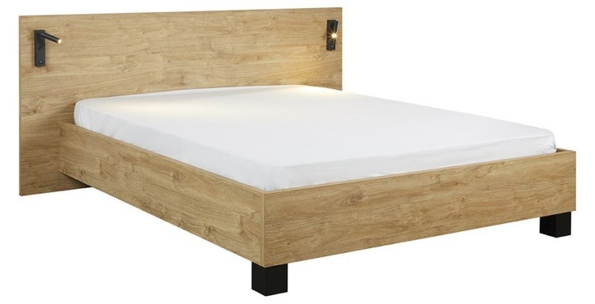 Lit adulte 180x200 collection MORGANE avec éclairage en applique orientable intégré - Coloris chêne
