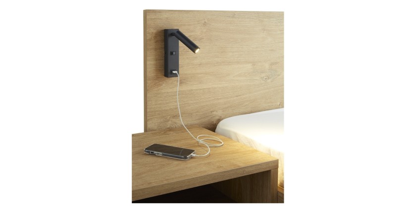 Lit adulte 180x200 collection MORGANE avec éclairage en applique orientable intégré - Coloris chêne
