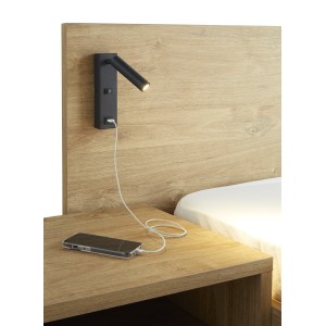 Lit adulte 180x200 collection MORGANE avec éclairage en applique orientable intégré - Coloris chêne