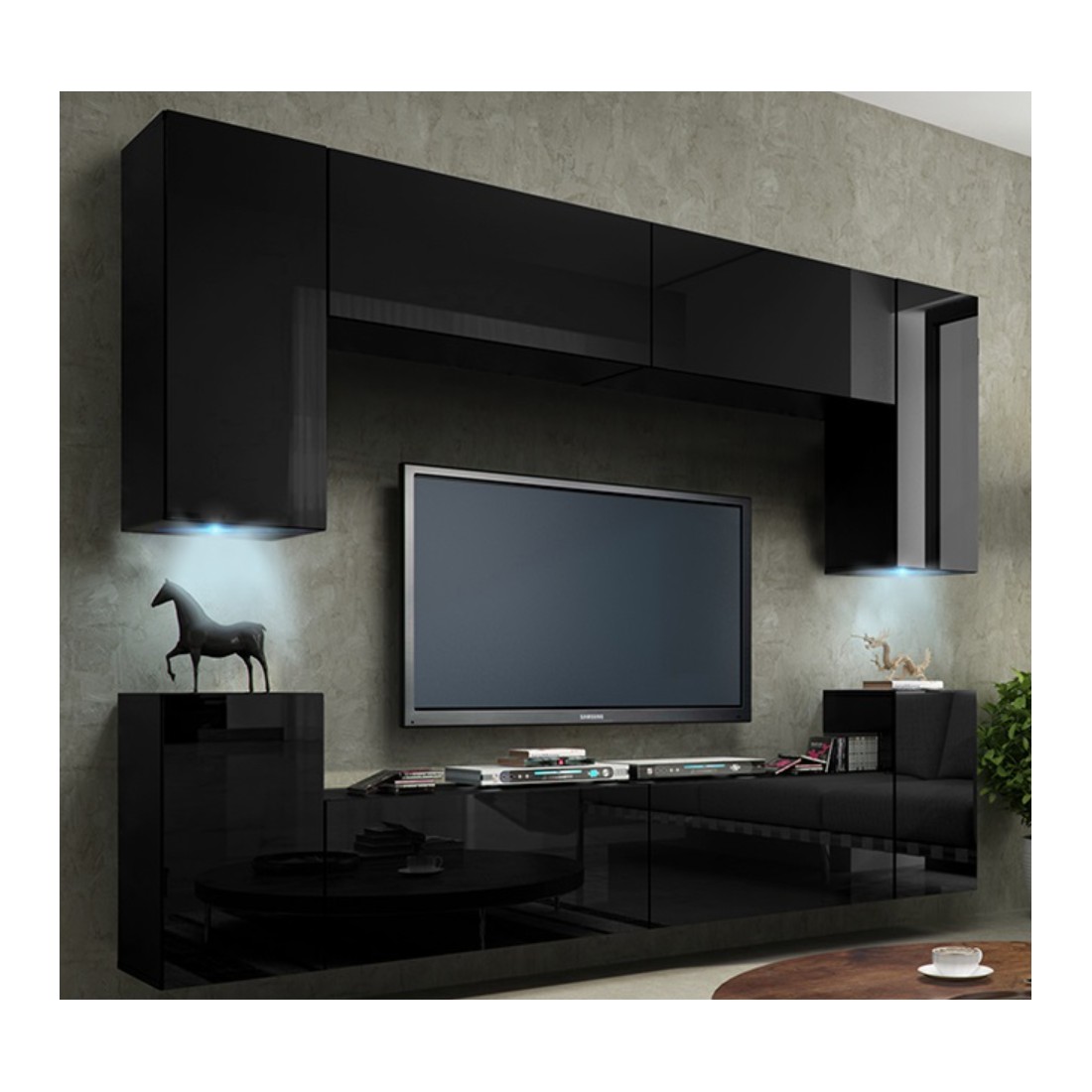 Meuble TV suspendu noir brillant 240cm avec 4 portes, collection CEPTO