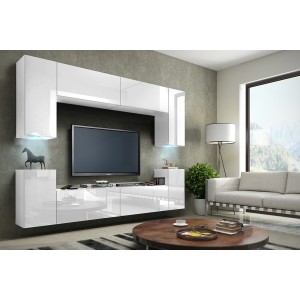 Ensemble meubles de salon suspendus collection CEPTO 240cm, 8 portes, coloris blanc brillant