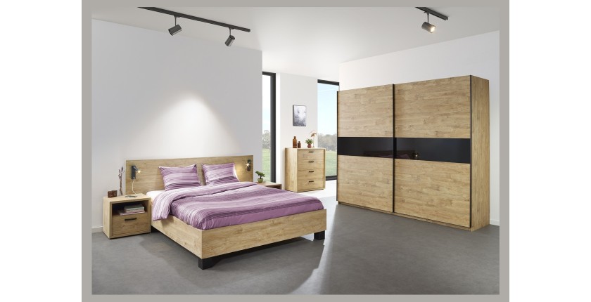 Armoire 200cm pour chambre à coucher avec 2 portes coulissantes collection MORGANE coloris chêne doré