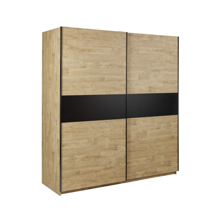 Chambre à coucher collection MORGANE : armoire 200 cm, lit avec applique 180x200, commode, chevets, chêne doré et noir
