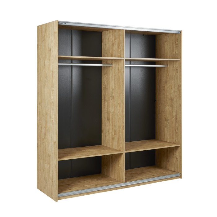 Chambre à coucher collection MORGANE : armoire 200 cm, lit avec applique 180x200, commode, chevets, chêne doré et noir