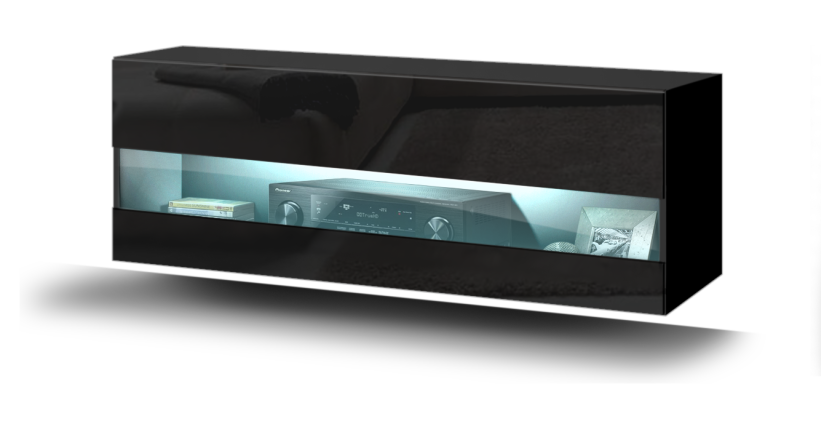 Meuble de salon noir collection CEPTO 37x91cm, 1 porte avec vitre, 2 étagères.