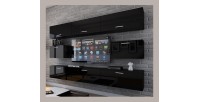 Ensemble de meubles de salon noir suspendus collection CEPTO 249cm, 8 portes, leds
