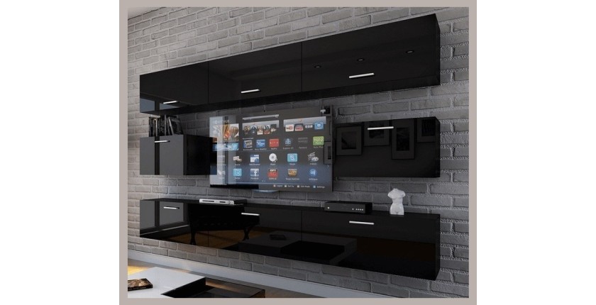 Ensemble de meubles de salon noir suspendus collection CEPTO 249cm, 8 portes, leds