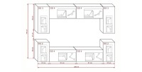 Ensemble de meubles de salon blanc suspendus collection CEPTO 256cm, 8 portes, 6 étagères, leds.