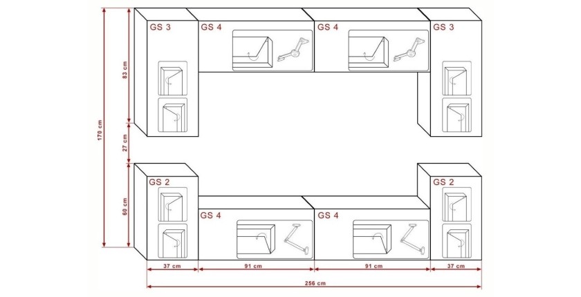 Ensemble de meubles de salon noir suspendus collection CEPTO 256cm, 8 portes, 6 étagères, leds, modulables.