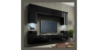 Ensemble de meubles de salon noir suspendus collection CEPTO 256cm, 8 portes, 6 étagères, leds, modulables.