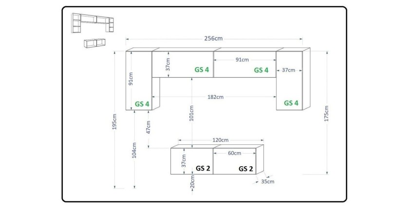 Ensemble de meubles de salon noir suspendus collection CEPTO 256cm, 6 portes, 4 étagères, leds, modulables.