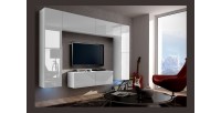 Ensemble de meubles de salon blanc suspendus collection CEPTO 256cm, 8 portes, 8 étagères, leds, modulables.