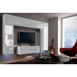 Ensemble de meubles de salon blanc suspendus collection CEPTO 256cm, 8 portes, 8 étagères, leds, modulables.