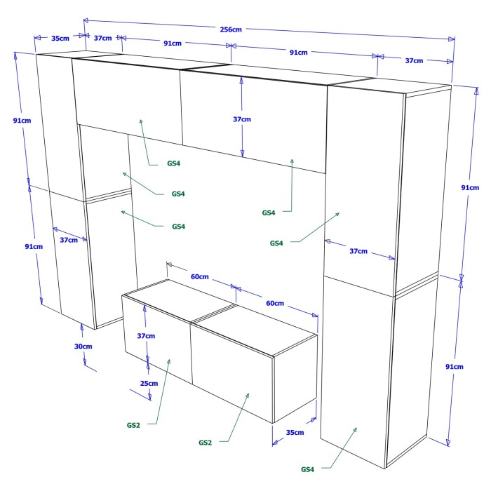 Ensemble de meubles de salon blanc suspendus collection CEPTO 256cm, 8 portes, 8 étagères, leds, modulables.