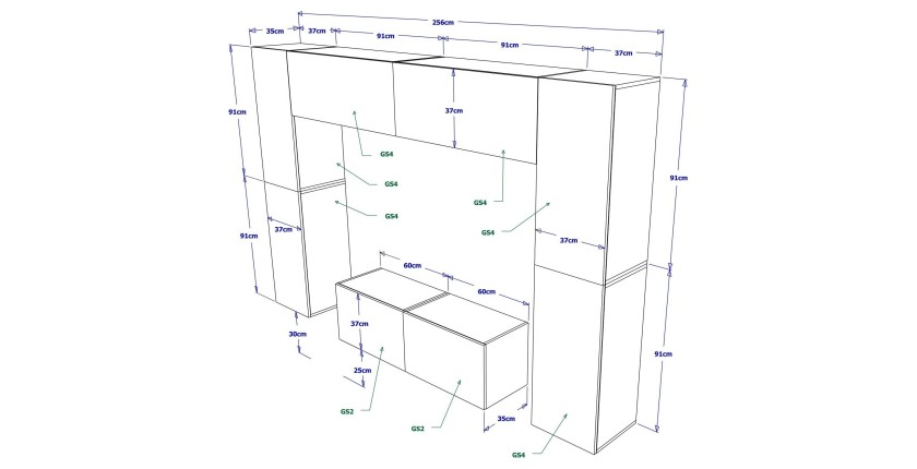 Ensemble de meubles de salon blanc suspendus collection CEPTO 256cm, 8 portes, 8 étagères, leds, modulables.