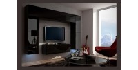 Ensemble de meubles de salon noir suspendus collection CEPTO 256cm, 8 portes, 8 étagères, leds, modulables.