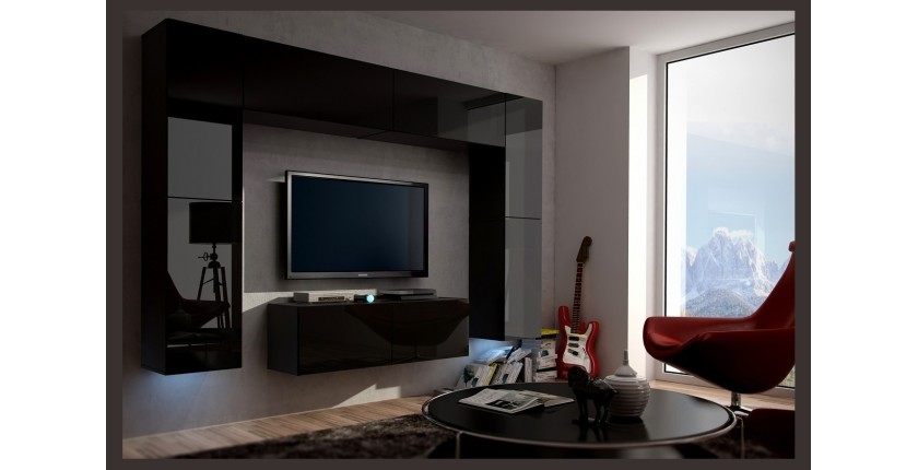 Ensemble de meubles de salon noir suspendus collection CEPTO 256cm, 8 portes, 8 étagères, leds, modulables.