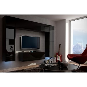 Ensemble de meubles de salon noir suspendus collection CEPTO 256cm, 8 portes, 8 étagères, leds, modulables.