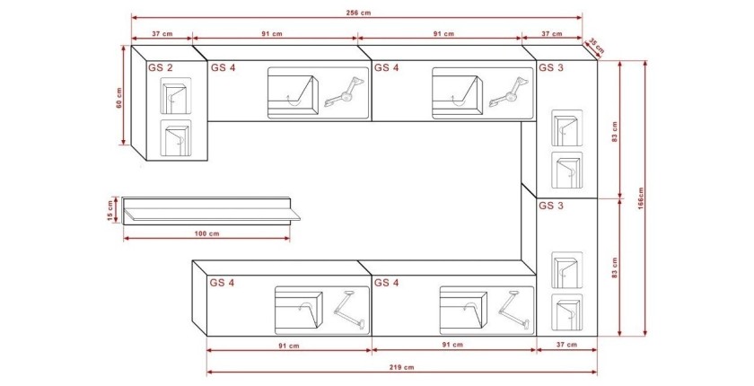 Ensemble de meubles de salon blanc suspendus collection CEPTO 256cm, 7 portes, 6 étagères, leds, modulables.