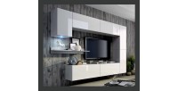 Ensemble de meubles de salon blanc suspendus collection CEPTO 256cm, 7 portes, 6 étagères, leds, modulables.