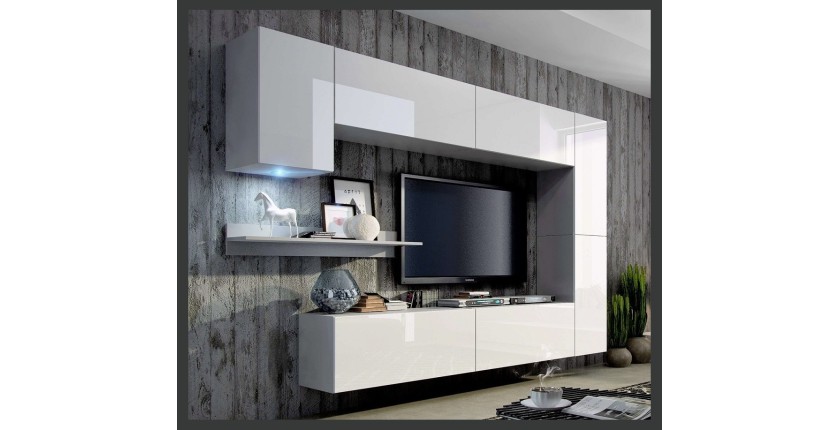Ensemble de meubles de salon blanc suspendus collection CEPTO 256cm, 7 portes, 6 étagères, leds, modulables.