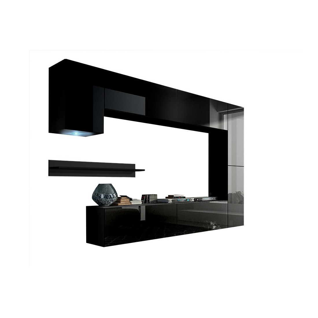 Ensemble de meubles de salon noir suspendus collection CEPTO 256cm, 7 portes, 6 étagères dont une murale, leds, modulables.