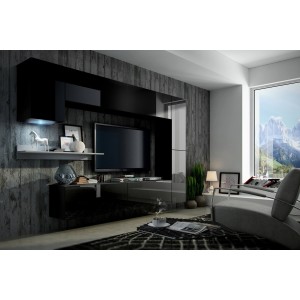 Ensemble de meubles de salon noir suspendus collection CEPTO 256cm, 7 portes, étagère murale blanche, leds, modulables.
