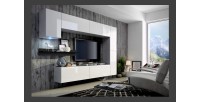 Ensemble de meubles de salon blanc suspendus collection CEPTO 256cm, 7 portes, étagère murale noire, leds, modulables.