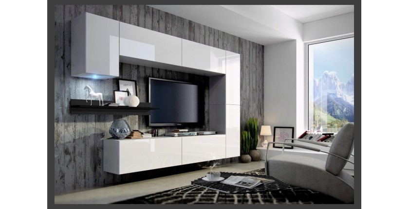 Ensemble de meubles de salon blanc suspendus collection CEPTO 256cm, 7 portes, étagère murale noire, leds, modulables.
