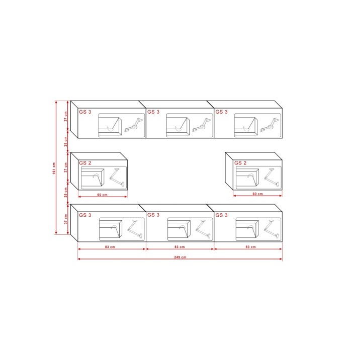 Ensemble de meubles de salon blanc et noir suspendus collection CEPTO 249cm, 8 portes, modulables.