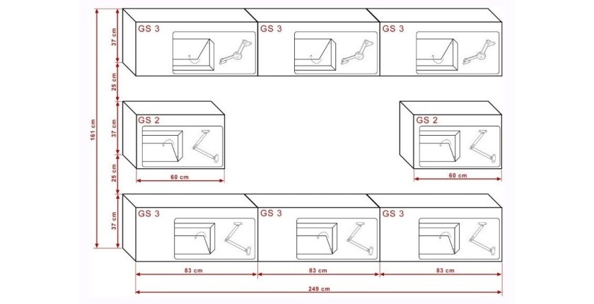 Ensemble de meubles de salon blanc et noir suspendus collection CEPTO 249cm, 8 portes, modulables.